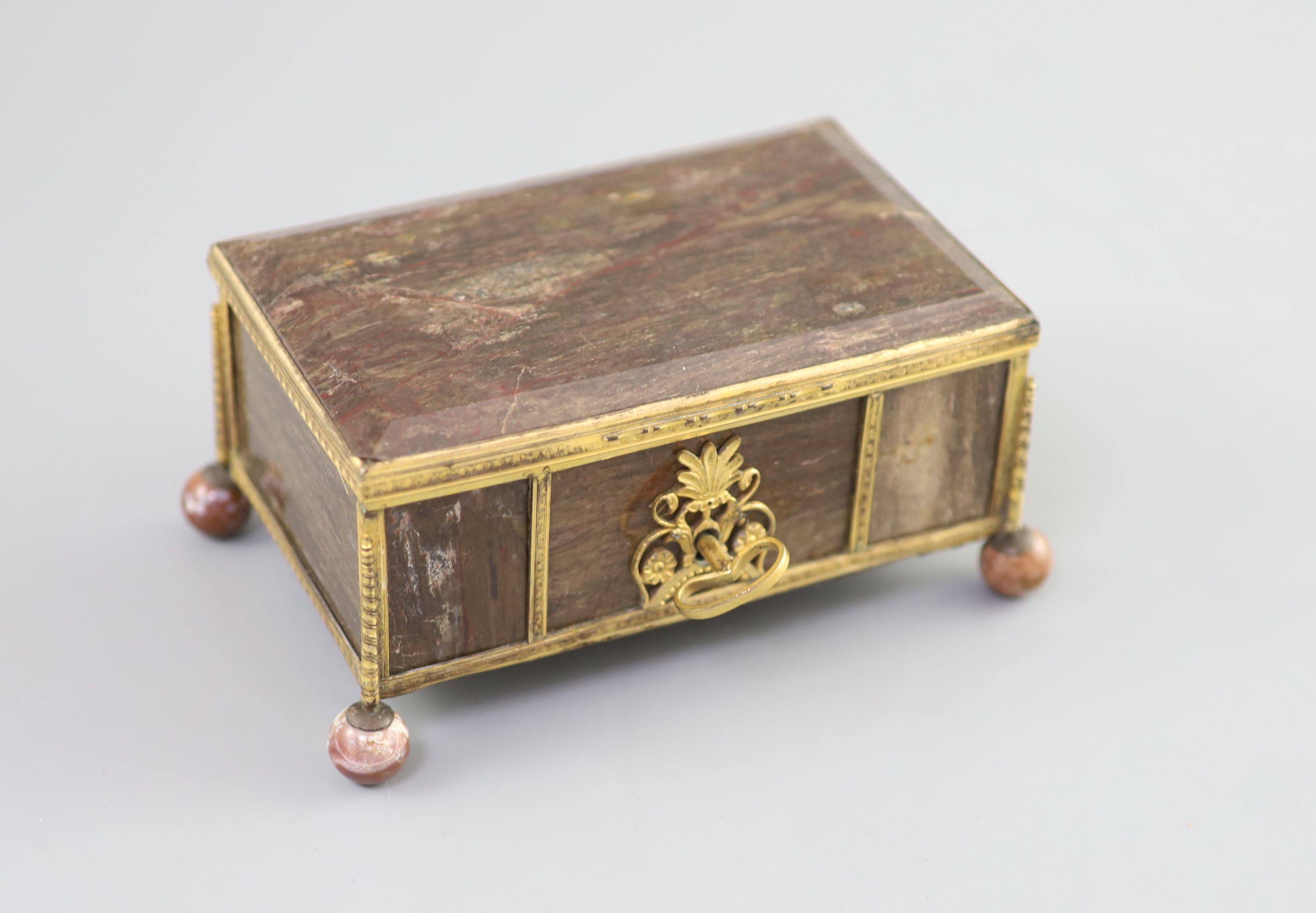 A German ormolu mounted hardstone casket, 19th century 5 x 9.5cm, 8cm high.